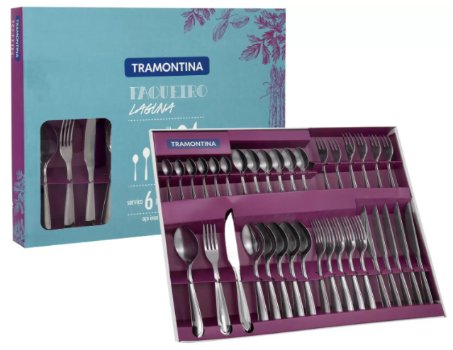 Modelo Faqueiro Tramontina Aço Inox com Faca para Churrasco com 36 Peças Laguna Prata