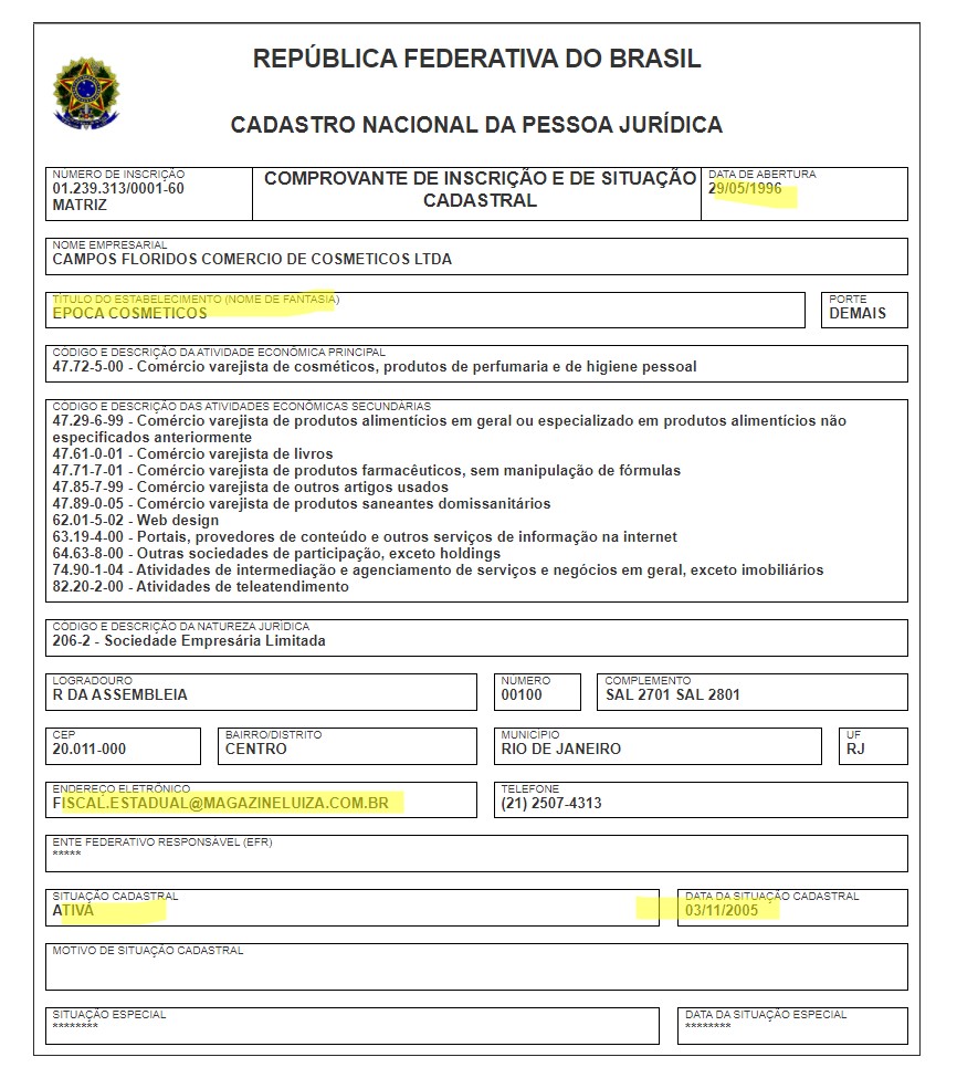 Imagem Contendo As Informações Da Empresa Época Cosméticos Extraídas Do Site Da Receita Federal