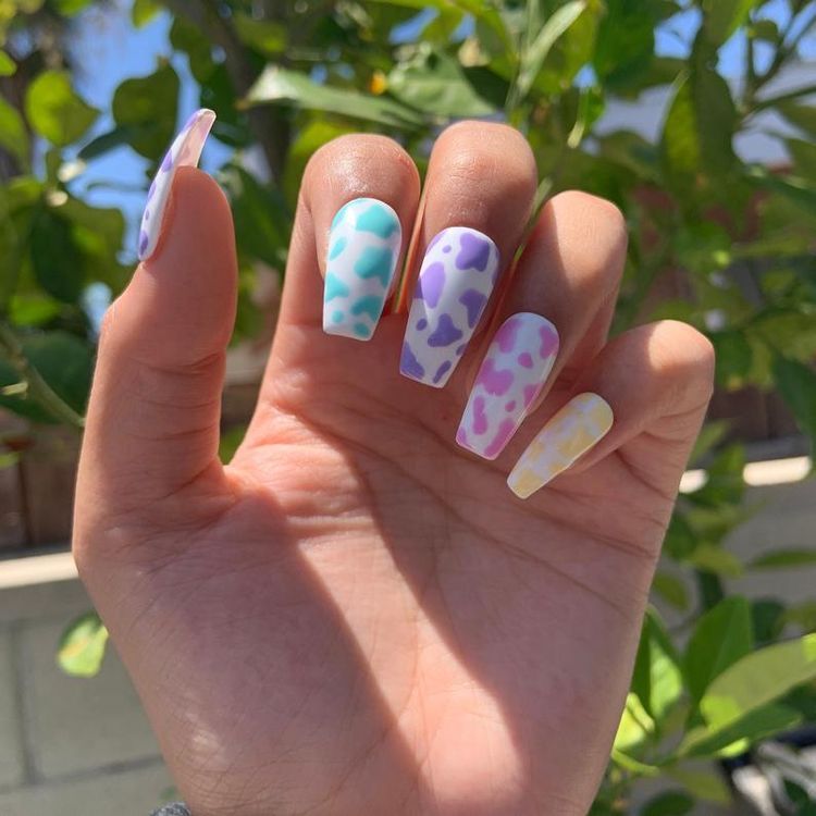 Imagem com unhas com estampa de vaca coloridas