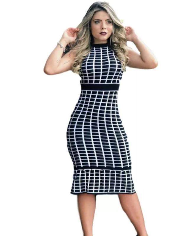 Imagem Com Vestido Sereia Quadriculado Curto Casual Preto E Branco