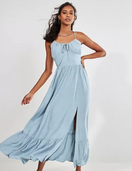 Imagem Vestido Madrinha De Casamento Azul Longo Com Fenda