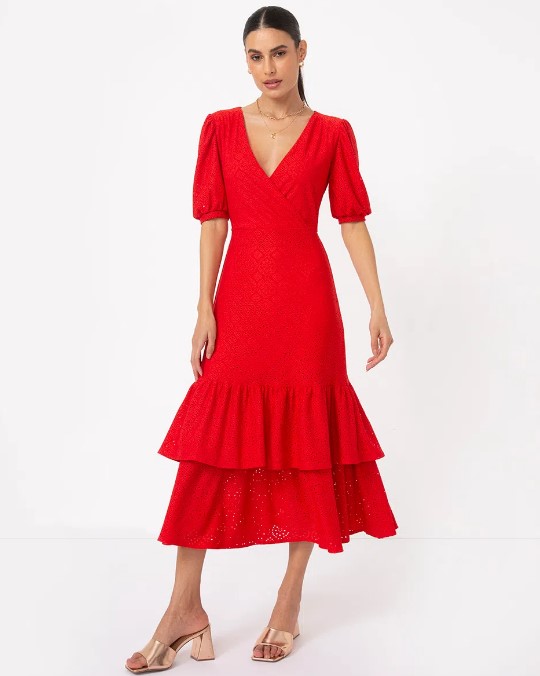 Imagem Vestido Vermelho Laise Midi Com Babados