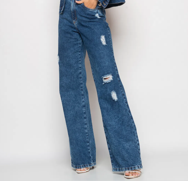 Imagem Calça Wide Leg Renner Jeans Escuro Com Rasgos Salvatore Fashion Azul