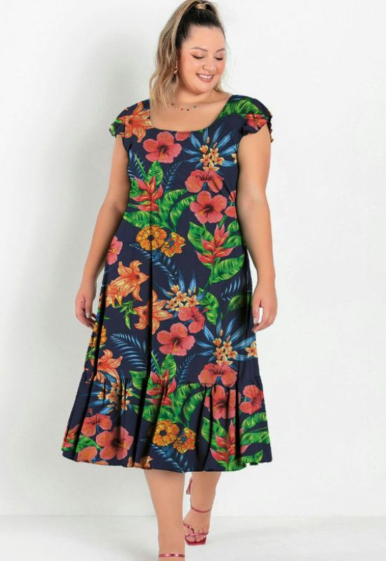 Imagem Vestido Soltinho Midi Com Babado Floral Marinho Plus Size