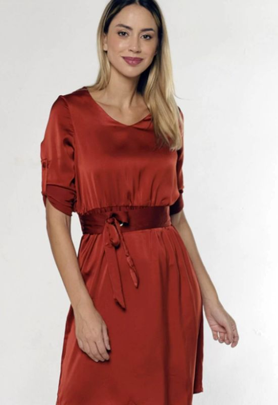 Imagem Vestido Terracota Com Mangas Toque De Seda E Gola V