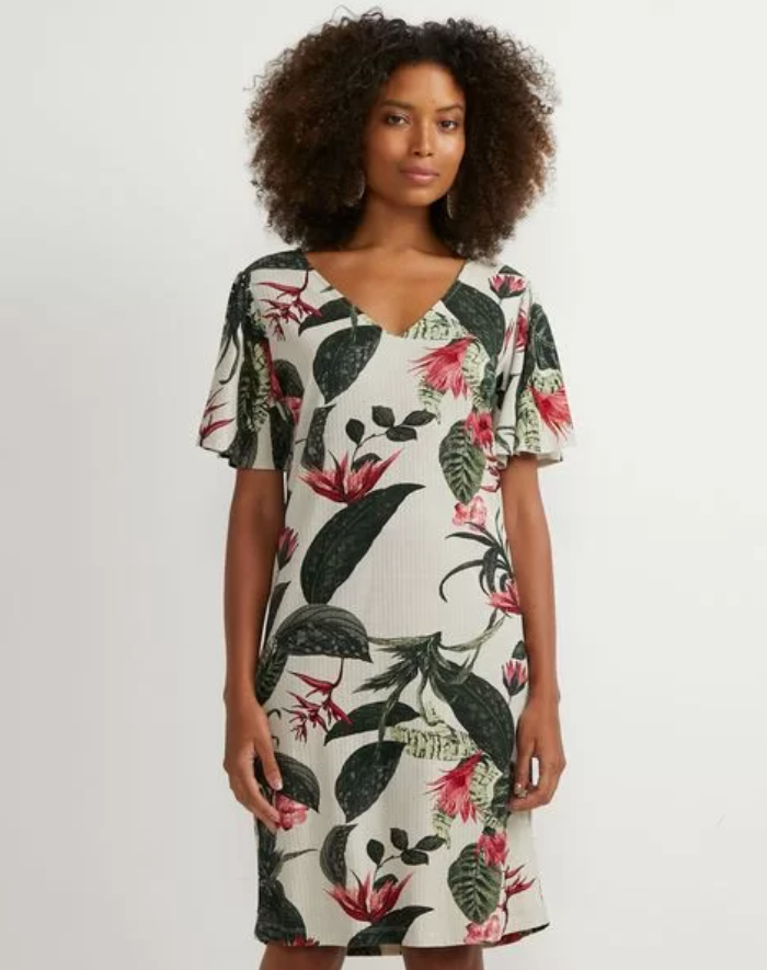 Imagem Vestido canelado curto em viscose com estampa floral - branco