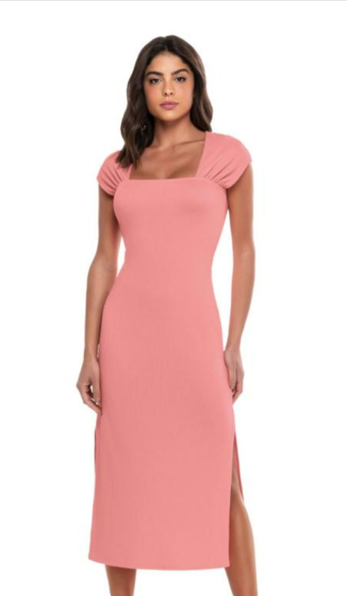 Imagem Vestido Para Gestante Barato Rosa Midi Canelado