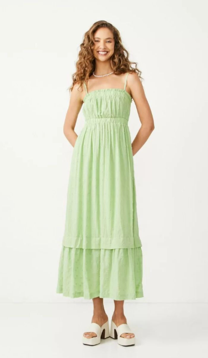 Imagem Vestido Para Gestante Longo Em Algodão Texturizado Com Alças Finas E Franzidos Verdes