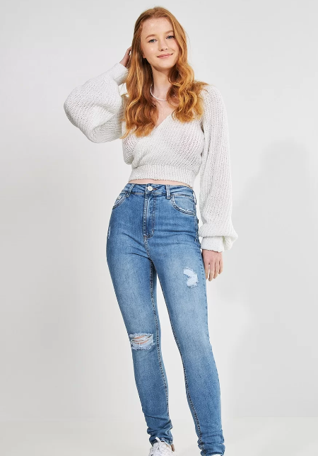 Imagem Calças jeans feminina cintura alta skinny com rasgadinhos