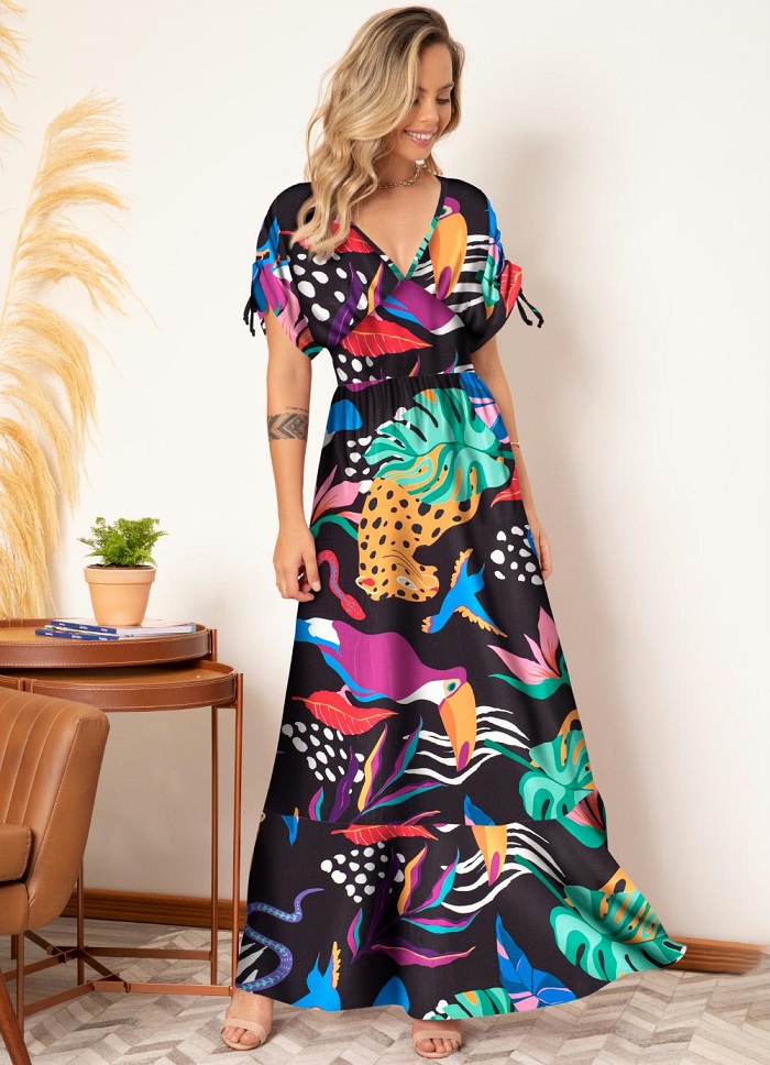 Imagem Vestido Estampado Longo Fundo Preto