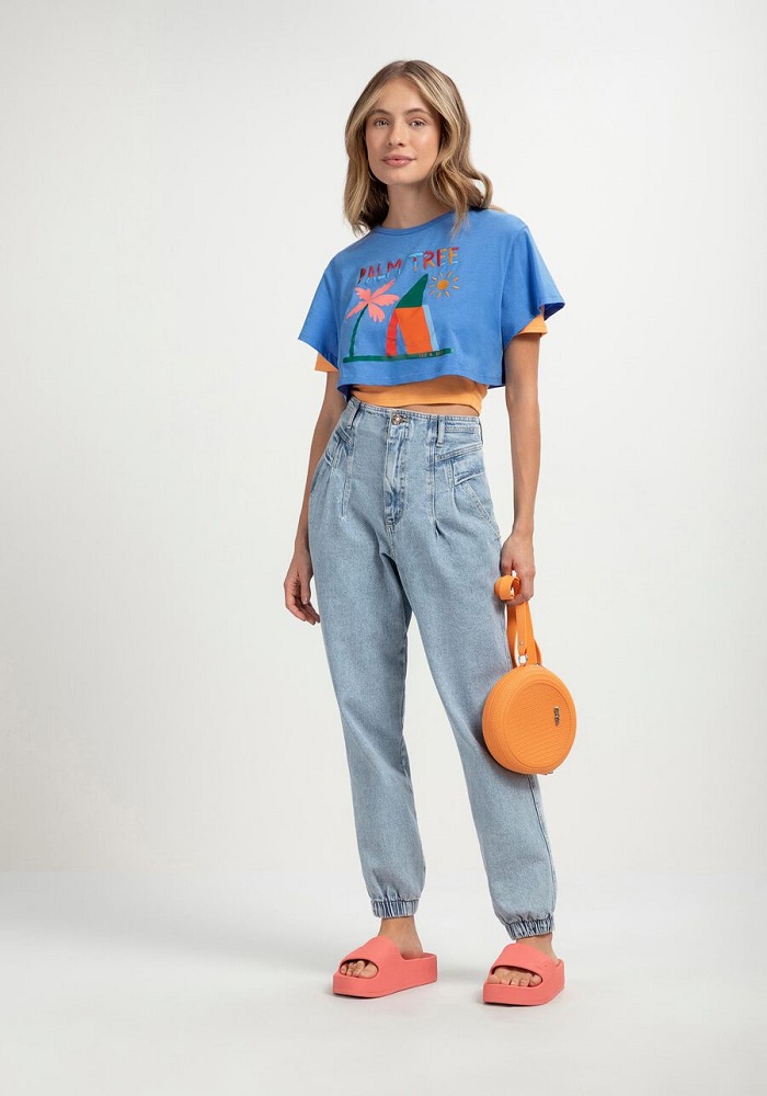 Imagem Blusa Azul Cropped Em Malha Dupla