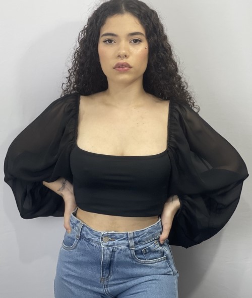 Imagem: Cropped Ciganinha Manga Longa Preto