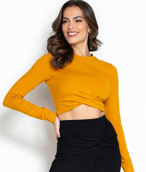 Imagem: Cropped Canelado Manga Longa Amarelo 