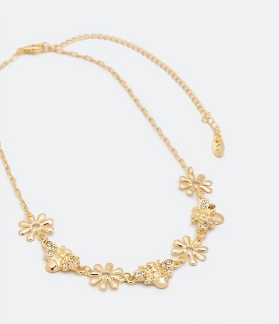 Imagem Colar De Zircônia Gargantilha Em Metal Com Flores E Abelhas Em Zircônia Dourado