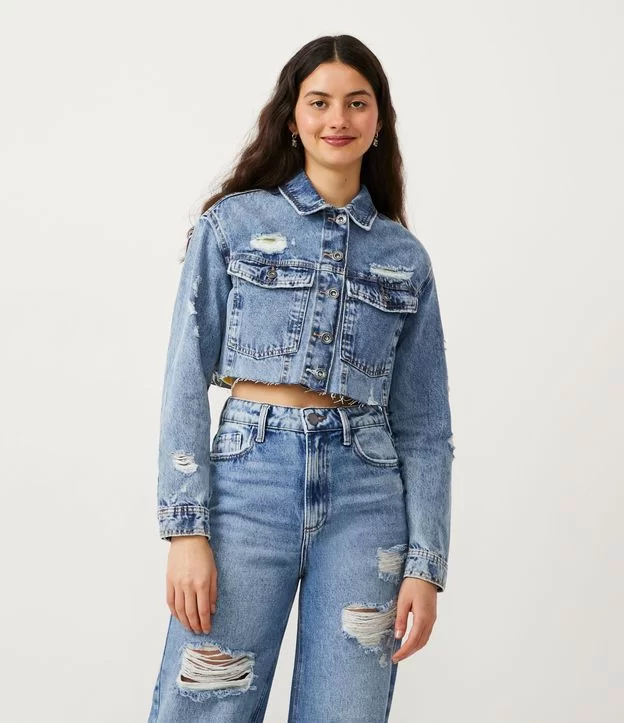 Imagem Cropped Jeans Manga Longa Com Puídos