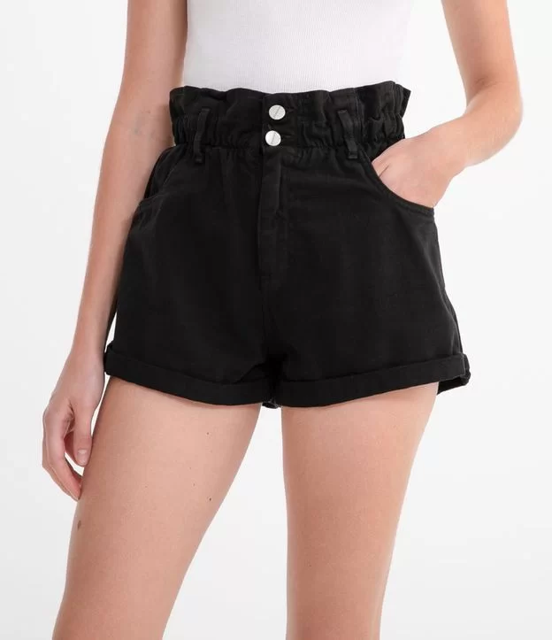 Imagem Short Jeans Preto De Cintura Alta Com Cós Elástico