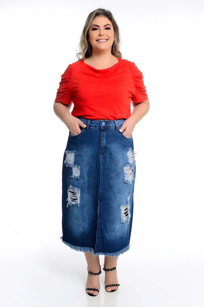 Imagem Saia midi jeans destroyed plus size