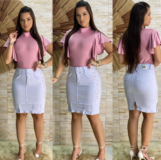 Imagem  Saia Jeans Branca Midi Bordada Com Elastano