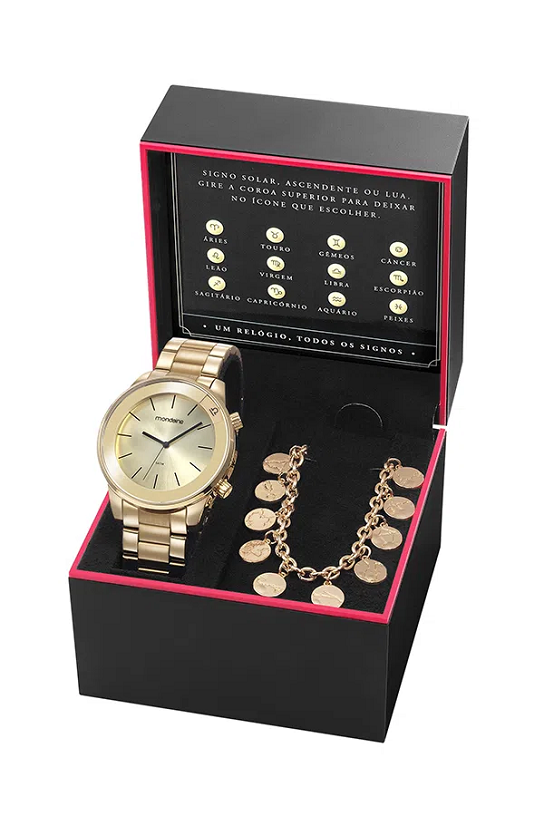 Imagem Kit Relógio Mondaine Todos Os Signos Com Pulseira Constelações Dourado