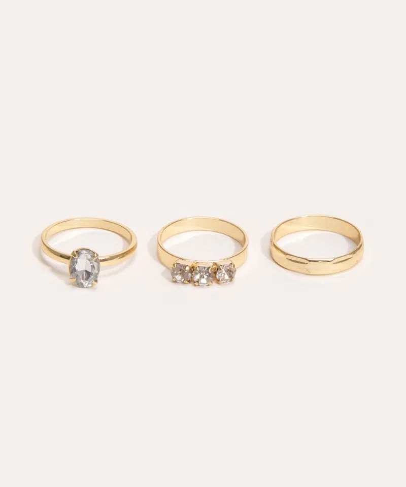 Imagem Kit De Três Anéis Com Strass Dourado