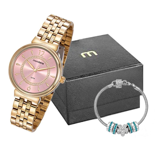 Imagem Kit Relógio Feminino Mondaine Analógico Dourado - 99461Lpmvde2K4 Dourado