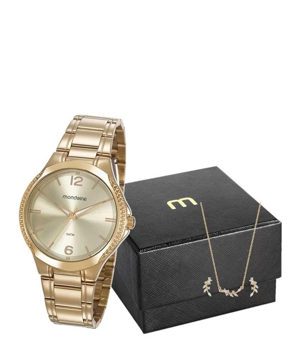 Imagem Kit Relógio Mondaine Com Pulseira Em Aço E Caixa Em Metal 99362Lpmvde1Ka Dourado