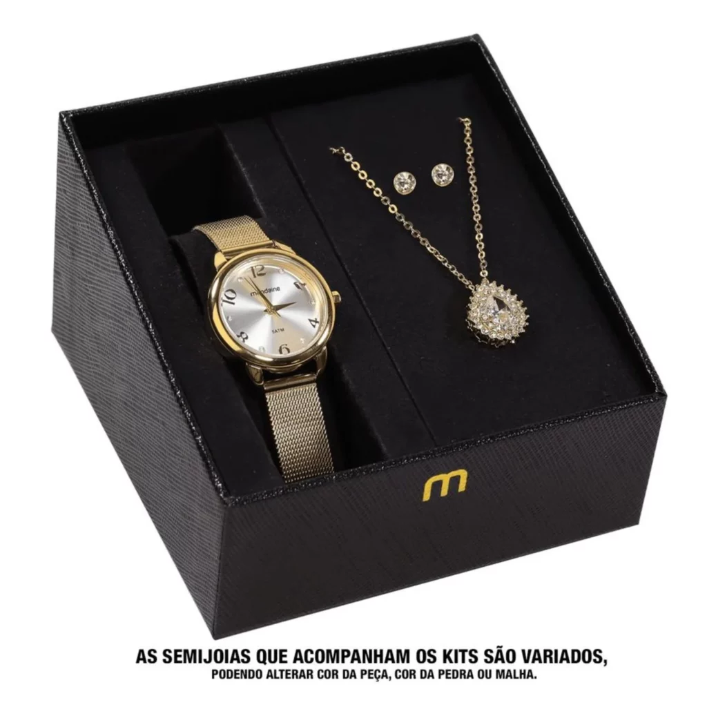 Imagem Kit Relógio Feminino Mondaine Dourado Com Colar E Brincos Dourado