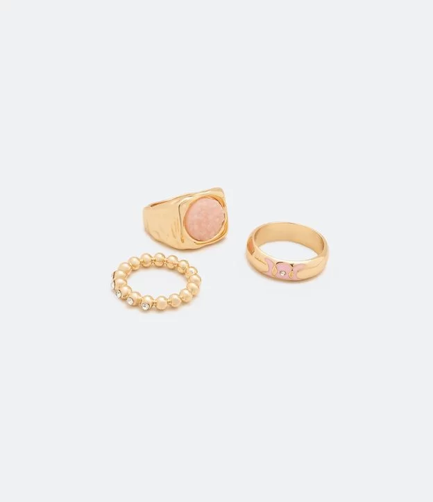 Imagem Com Kit 03 Anéis Em Metal Variados Com Quartzo Rosa Dourado