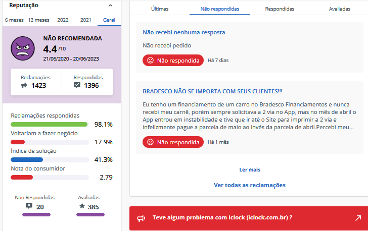Imagem com Nota do iClock no Reclame Aqui