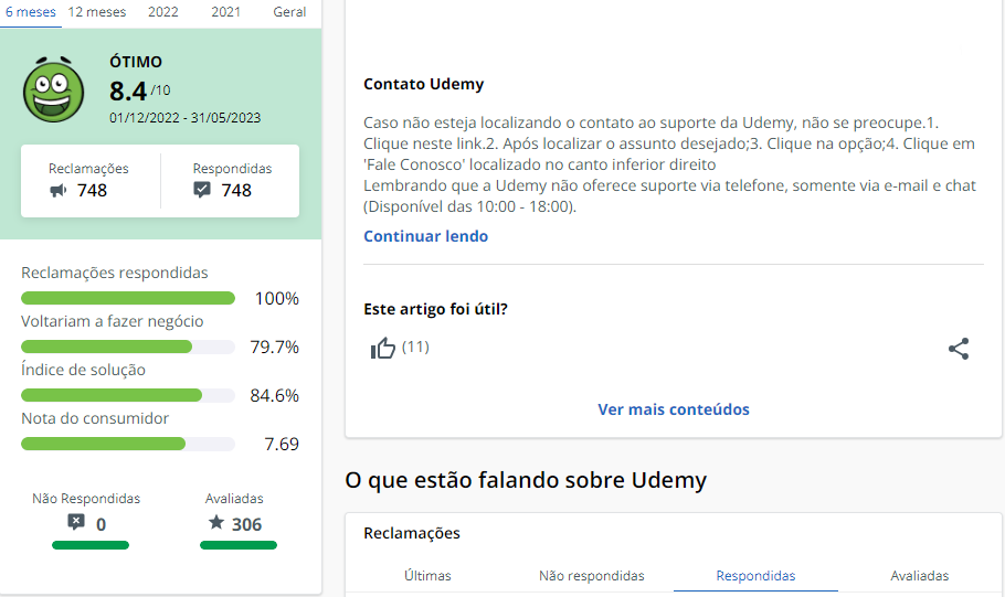 Imagem com Reputação da Udemy no Reclame Aqui