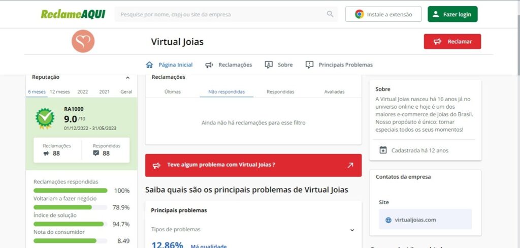 Imagem com Reputação da Virtual Joias no Reclame Aqui