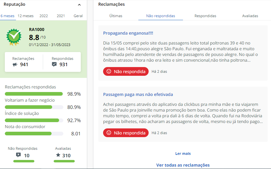 Imagem com Reputação da ClickBus no Reclame Aqui