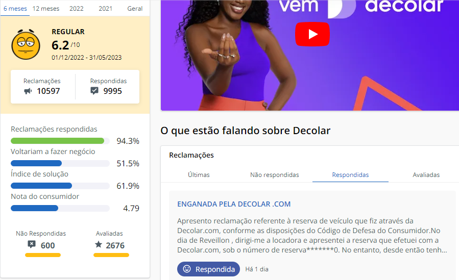 Imagem com Reputação do Decolar no Reclame Aqui