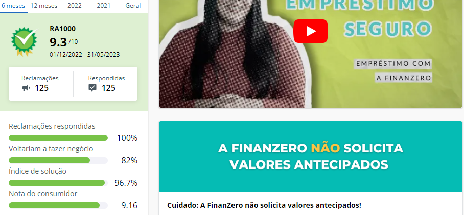 Imagem com Nota Geral da FinanZero no Reclame Aqui