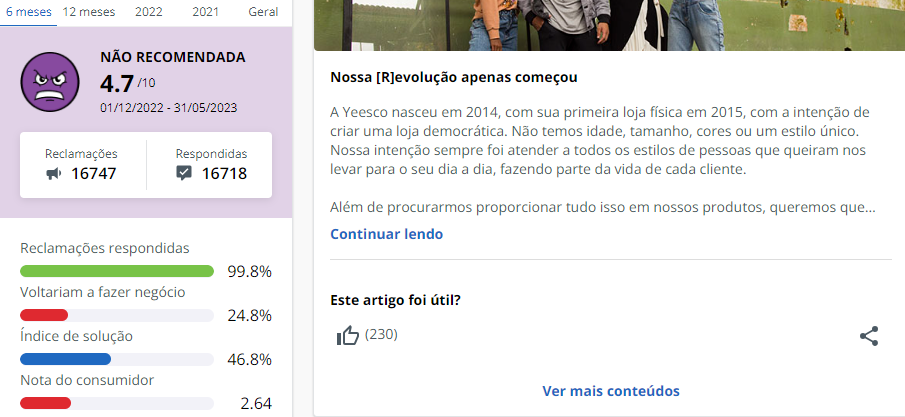 Imagem Com Reputação Da Yeesco No Reclame Aqui