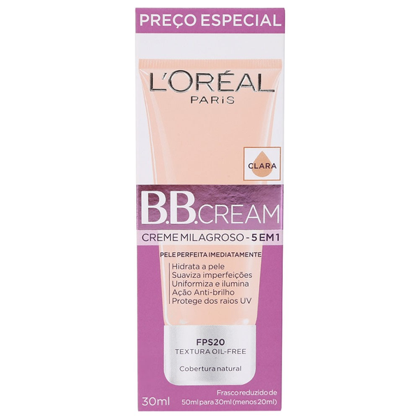 Imagem Com Base Bb Cream L'oréal Paris Dermo Expertise Cor Clara Fps 20, 30Ml