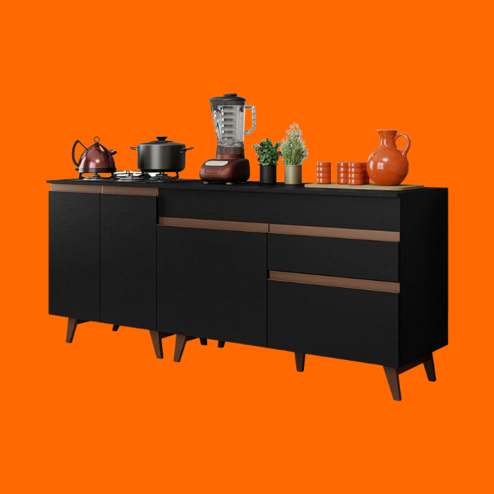 Kit Com 2 Balcões De Cozinha Madesa Reims 4 Portas 1 Gaveta (Com Tampo) - Preto Kit Com 2 Balcões De Cozinha Madesa Reims 4 Portas 1 Gaveta (Com Tampo) - Preto