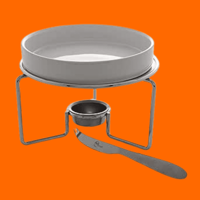 Cj 3Pc Rechaud P/Queijo Brie C/Faca Aço Inox E Suporte Niquelado