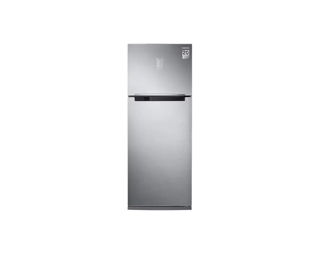 Imagem de uma geladeira Samsung Frost Free em inox com freezer superior e painel digital, capacidade de 400 litros.