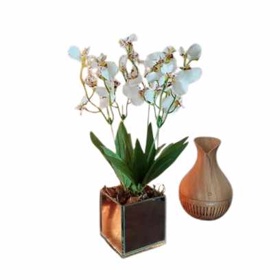 Imagem Com Arranjo De Orquídeas Brancas Artificiais Em Vaso Espelhado