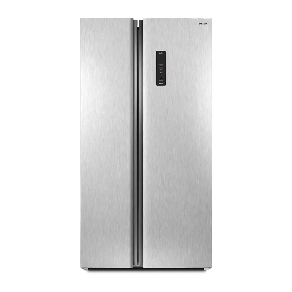 Imagem de uma geladeira Philco Side by Side Frost Free de 540 litros, acabamento em inox e painel touch integrado.