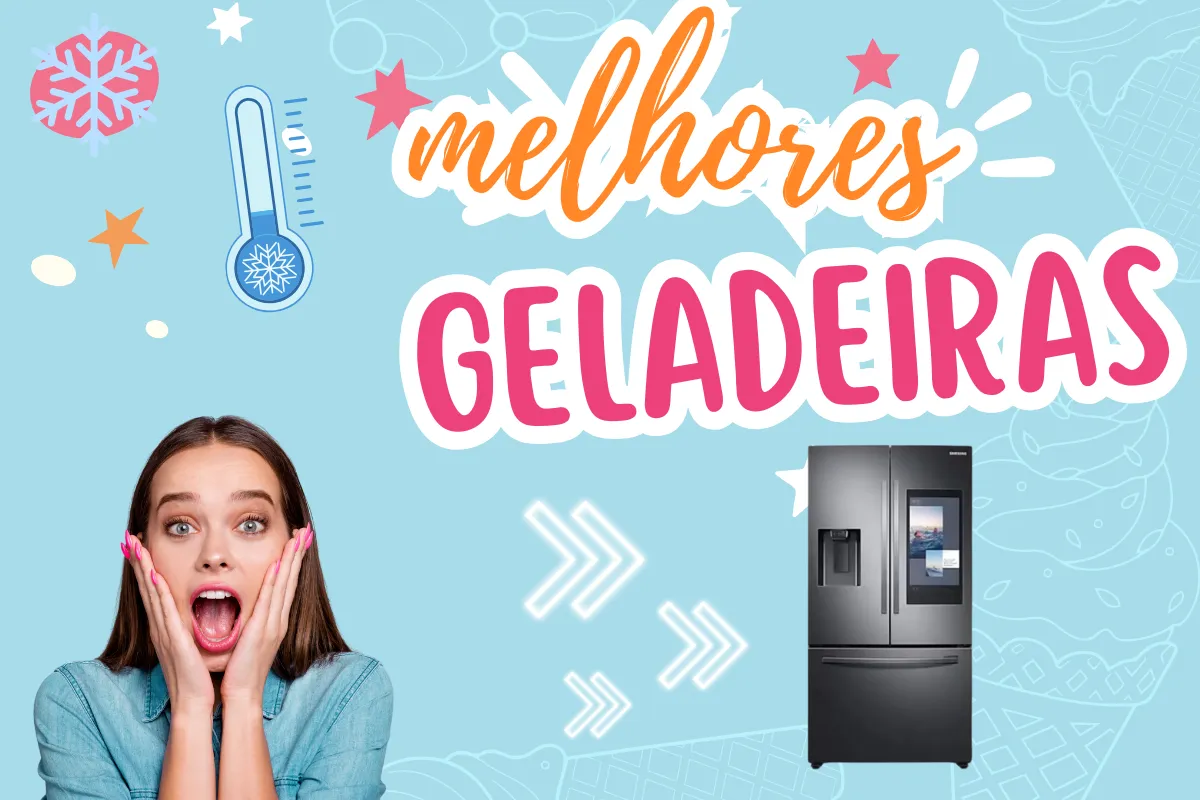 Mulher surpresa com uma geladeira moderna ao lado e o título "Melhores Geladeiras" em destaque.