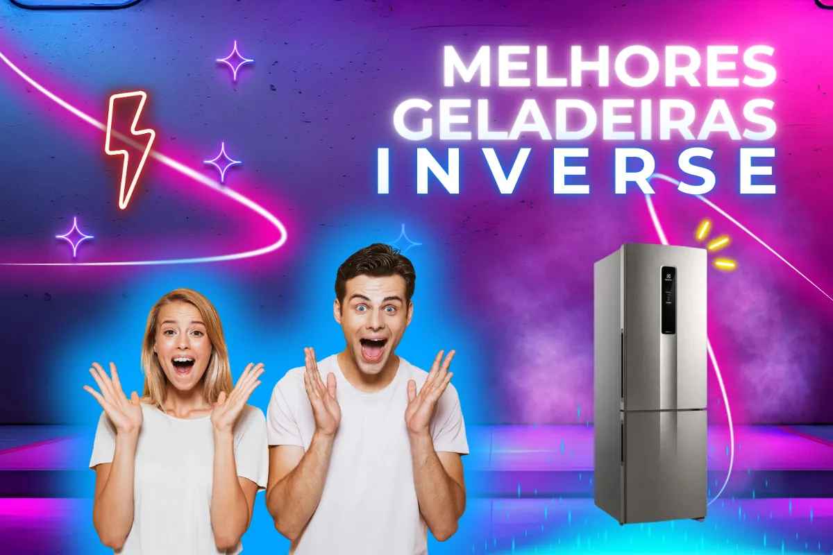 Casal surpreso ao lado de uma geladeira Inverter moderna, com luzes neon e o texto "Melhores Geladeiras Inverter" em destaque