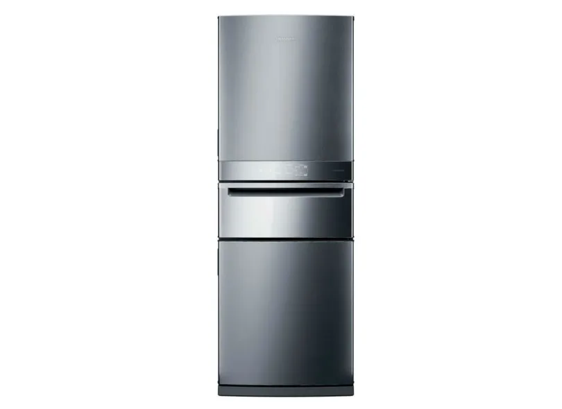 Imagem de uma geladeira Panasonic Frost Free com capacidade de 483 litros, acabamento em inox e gaveta de legumes integrada, freezer inferior.