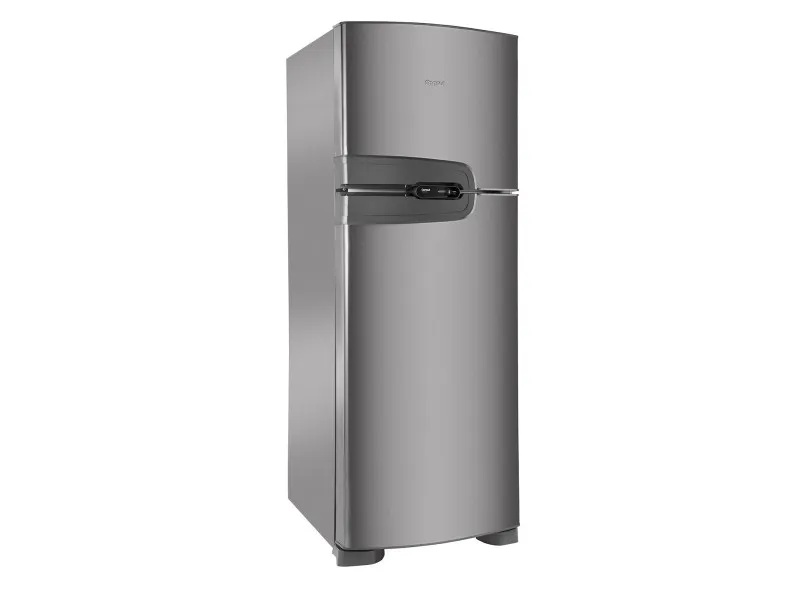 Imagem de uma geladeira Consul Duplex Frost Free de 386 litros, acabamento em inox e freezer superior.