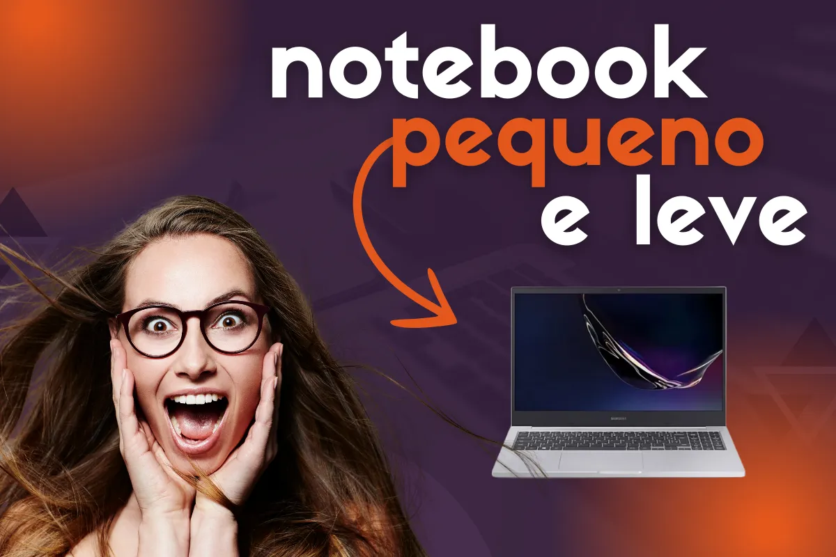 Mulher surpresa ao lado de um notebook pequeno e leve em destaque.