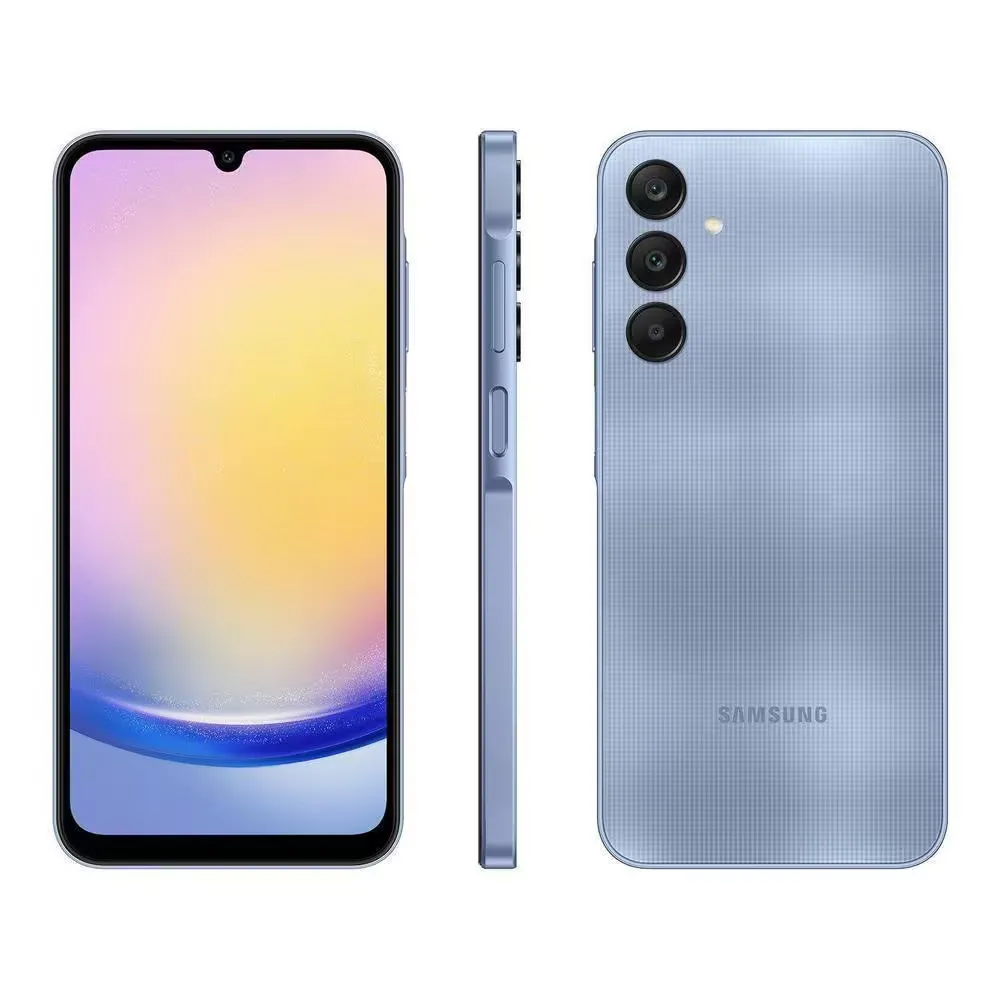Smartphone Samsung Galaxy azul com acabamento texturizado, tela frontal de alta qualidade e design moderno visto de múltiplos ângulos