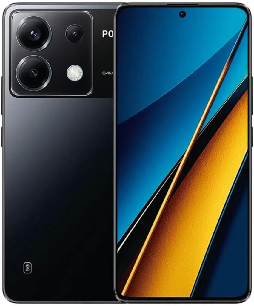 Smartphone POCO X5 Pro 5G na cor preta com tela grande e câmeras traseiras triplas de alta resolução.