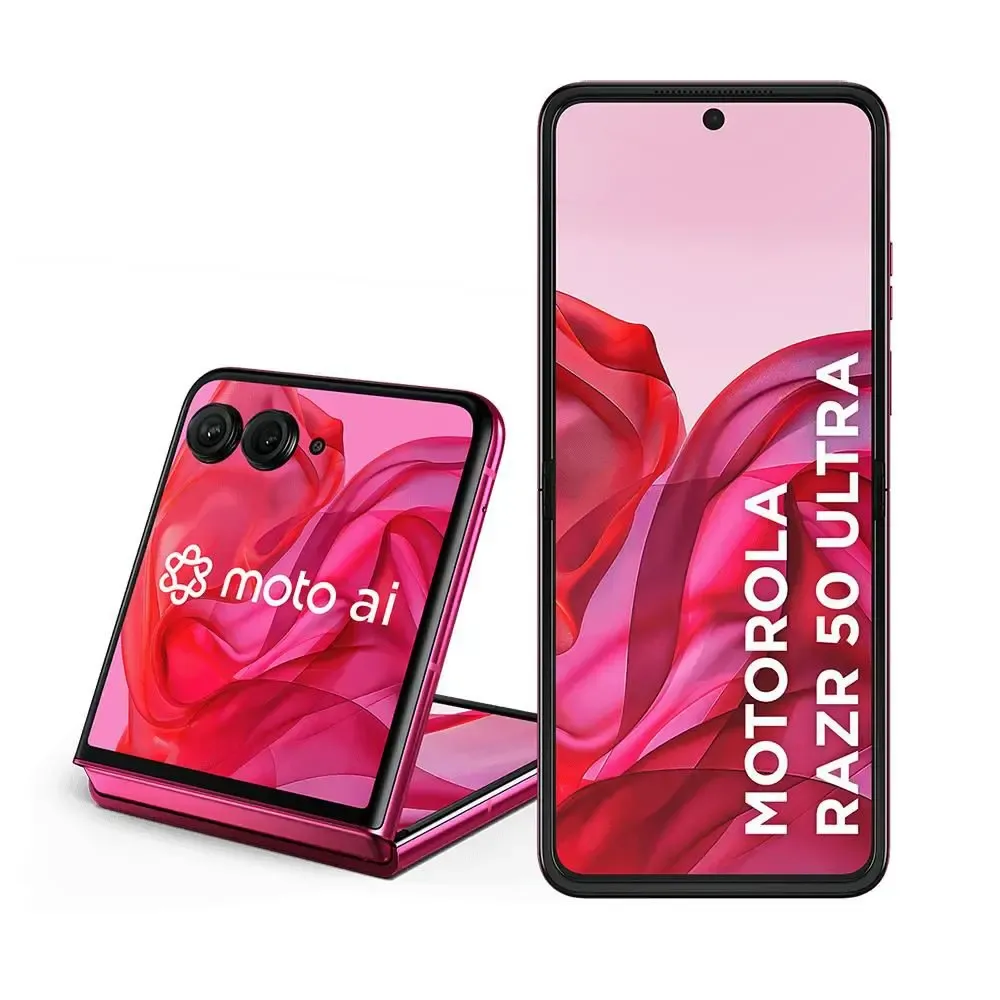 Smartphone Motorola Razr 50 Ultra com tela aberta e fechada, destacando a cor rosa vibrante e tecnologia Moto AI.