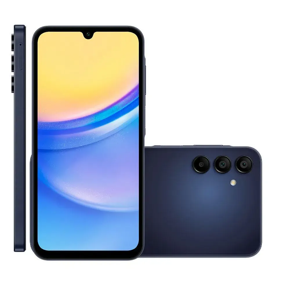 Samsung Galaxy M14 5G na cor azul, com tela ampla, design moderno e 256 GB de armazenamento.